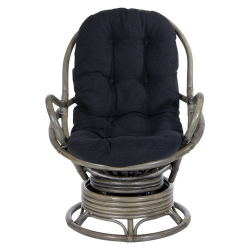Tahiti Rattan Swivel Rocker Chair in Black Fabric with Gray Frame - Front View