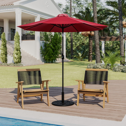 Red 9 FT Round Umbrella with Crank and Tilt Function and Standing Umbrella Base - Lifestyle Image