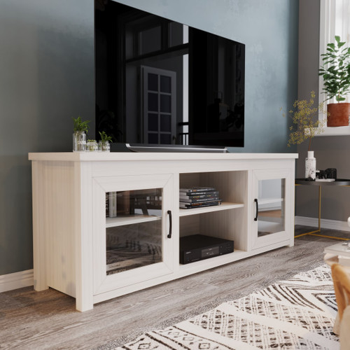 Sheffield Classic TV Stand up to 80" TVs - Modern White Wash Finish with Full Glass Doors - 65" Engineered Wood Frame - 3 Shelves