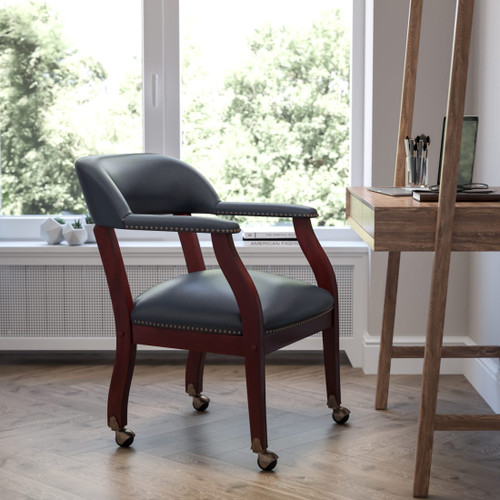 Navy Vinyl Luxurious Conference Chair with Accent Nail Trim and Casters