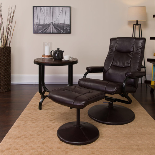 Contemporary Multi-Position Recliner and Ottoman with Wrapped Base in Brown LeatherSoft