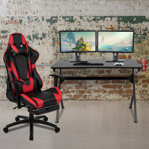 Black Gaming Desk and Red/Black Footrest Reclining Gaming Chair Set with Cup Holder, Headphone Hook & 2 Wire Management Holes Lifestyle Image