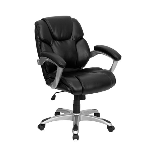 Mid-Back Black LeatherSoft Layered Upholstered Executive Swivel Ergonomic Office Chair with Silver Nylon Base and Arms