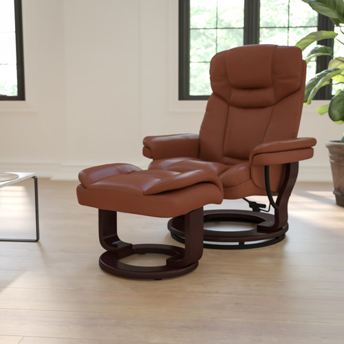 Contemporary Multi-Position Recliner and Curved Ottoman with Swivel Mahogany Wood Base in Brown Vintage LeatherSoft - Lifestyle