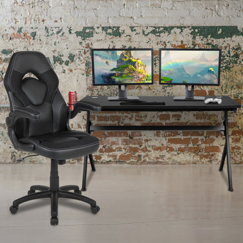 Gaming Desk and Black Racing Chair Set /Cup Holder/Headphone Hook/Removable Mouse Pad Top - 2 Wire Management Holes Lifestyle Image