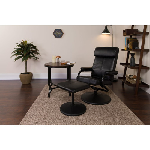 Contemporary Multi-Position Headrest Recliner and Ottoman with Wrapped Base in Black LeatherSoft
