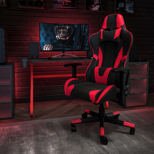 Red Gaming Desk and Red/Black Reclining Gaming Chair Set with Cup Holder and Headphone Hook - Lifestyle