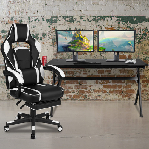 Gaming Desk with Cup Holder/Headphone Hook/Removable Mousepad Top & White Reclining Back/Arms Gaming Chair with Footrest - Lifestyle