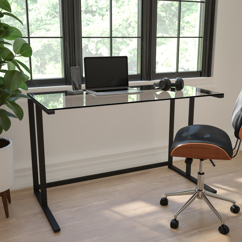 Glass Desk with Black Pedestal Metal Frame - Lifestyle