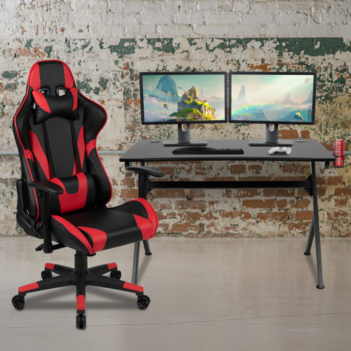 Black Gaming Desk and Red/Black Reclining Gaming Chair Set with Cup Holder, Headphone Hook & 2 Wire Management Holes - Lifestyle
