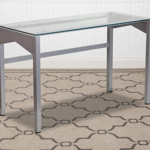 Contemporary Clear Tempered Glass Desk with Geometric Sides Lifestyle Image