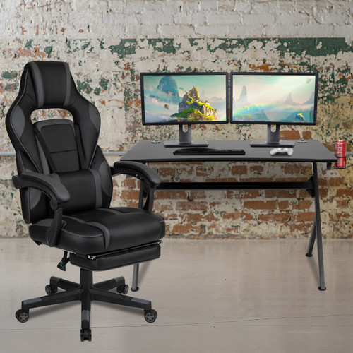 Black Gaming Desk with Cup Holder/Headphone Hook/2 Wire Management Holes & Black Reclining Back/Arms Gaming Chair with Footrest Lifestyle Image