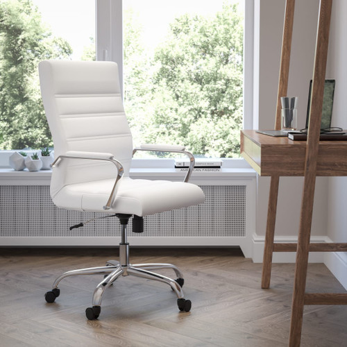 High Back White LeatherSoft Executive Swivel Office Chair with Chrome Frame and Arms
