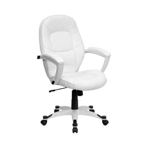 Mid-Back White LeatherSoft Tapered Back Executive Swivel Office Chair with White Base and Arms