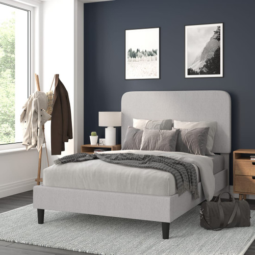 Addison Light Grey Full Fabric Upholstered Platform Bed - Headboard with Rounded Edges - No Box Spring or Foundation Needed