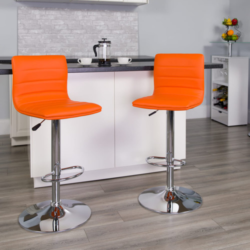 2 Pack Modern Orange Vinyl Adjustable Bar Stool with Back, Counter Height Swivel Stool with Chrome Pedestal Base - room lifestyle image