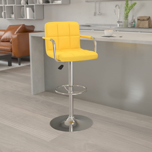 Contemporary Yellow Quilted Vinyl Adjustable Height Barstool with Arms and Chrome Base - Lifestyle