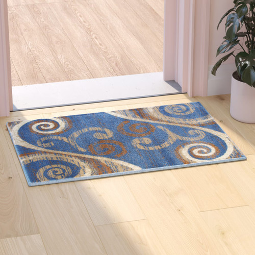 Valli Collection 2' x 3' Blue Abstract Area Rug - Olefin Rug with Jute Backing - Hallway, Entryway, Bedroom, Living Room