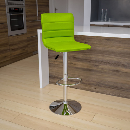 Modern Green Vinyl Adjustable Bar Stool with Back, Counter Height Swivel Stool with Chrome Pedestal Base - Lifestyle