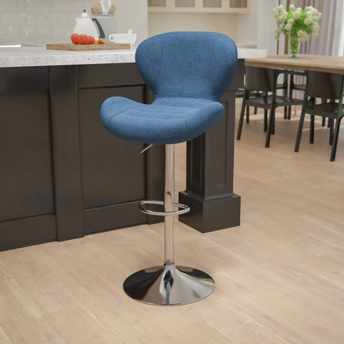 Contemporary Blue Fabric Adjustable Height Barstool with Curved Back and Chrome Base - Lifestyle