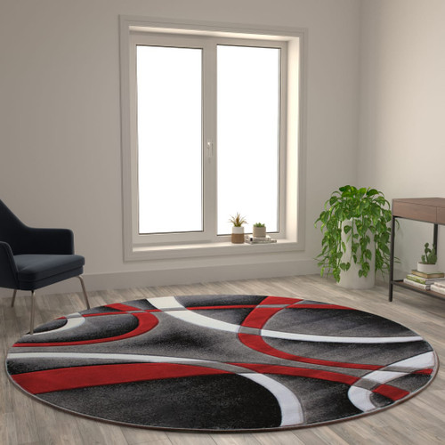 Atlan Collection 8' x 8' Red Round Abstract Area Rug - Olefin Rug with Jute Backing - Entryway, Living Room or Bedroom