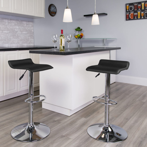 Contemporary Black Vinyl Adjustable Height Barstool with Solid Wave Seat and Chrome Base - Lifestyle Image