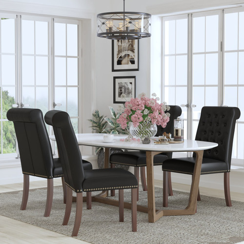 Set of 4 HERCULES Series Black LeatherSoft Parsons Chairs with Rolled Back, Accent Nail Trim and Walnut Finish