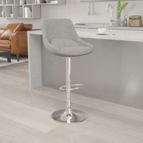 Contemporary Gray Fabric Adjustable Height Barstool with Chrome Base - Lifestyle Image