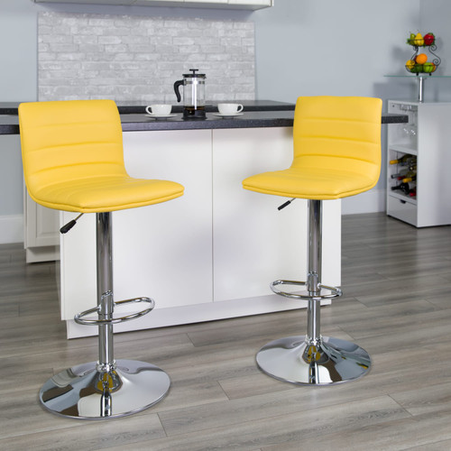 2 Pack Modern Yellow Vinyl Adjustable Bar Stool with Back, Counter Height Swivel Stool with Chrome Pedestal Base - Lifestyle Image