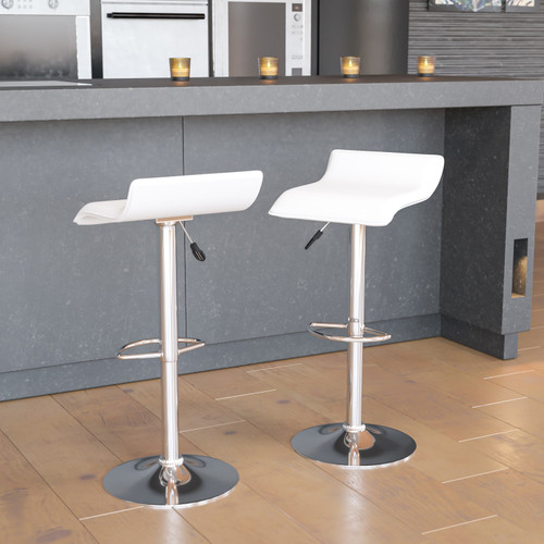 2 Pack Contemporary White Vinyl Adjustable Height Barstool with Solid Wave Seat and Chrome Base - Lifestyle Image