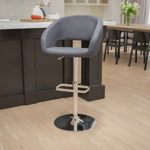 Contemporary Gray Vinyl Adjustable Height Barstool with Rounded Mid-Back and Chrome Base