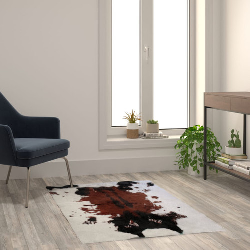 Barstow Collection 3' x 5' Brown Faux Cowhide Print Olefin Area Rug with Jute Backing for Living Room, Bedroom, Entryway