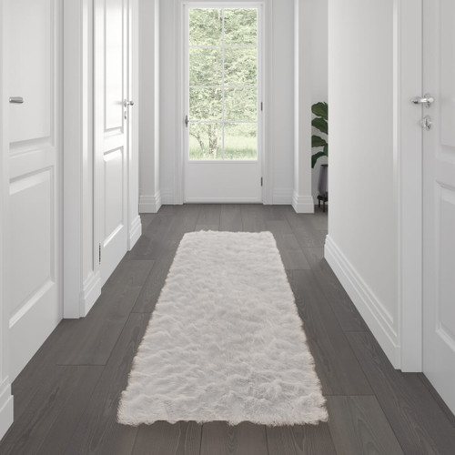 Chalet Collection 2' x 7' White Faux Fur Olefin Area Rug with Jute Backing for Living Room, Bedroom, Playroom