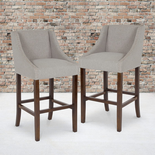2 Pk. Carmel Series 30" High Transitional Walnut Barstool with Accent Nail Trim in Light Gray Fabric