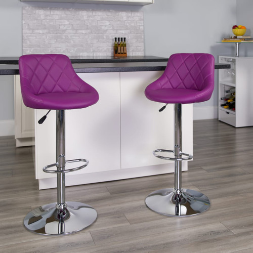 Contemporary Purple Vinyl Bucket Seat Adjustable Height Barstool with Diamond Pattern Back and Chrome Base