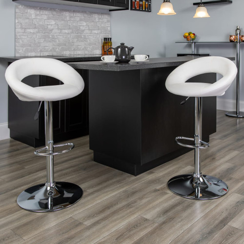 2 Pack Contemporary White Vinyl Rounded Orbit-Style Back Adjustable Height Barstool with Chrome Base