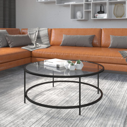 Astoria Collection Round Coffee Table - Modern Clear Glass Coffee Table with Matte Black Frame