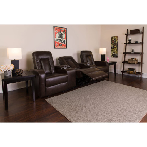 Eclipse Series 3-Seat Reclining Brown LeatherSoft Theater Seating Unit with Cup Holders - BT702593BRNGG