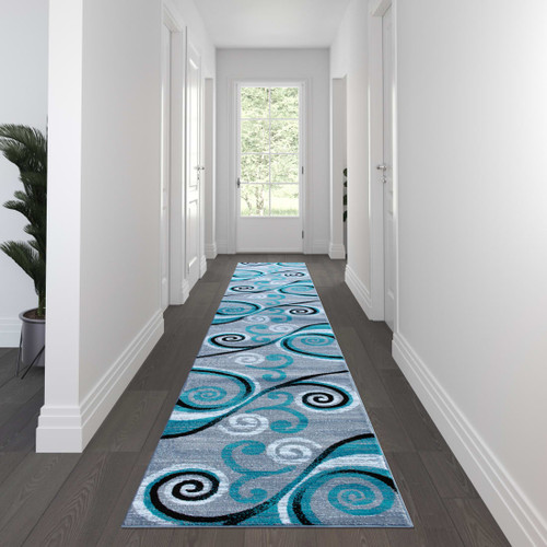 Valli Collection 3' x 16' Turquoise Abstract Area Rug - Olefin Rug with Jute Backing - Hallway, Entryway, Bedroom, Living Room