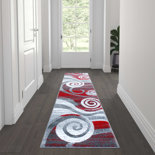 Cirrus Collection 2' x 7' Red Swirl Patterned Olefin Area Rug with Jute Backing for Entryway, Living Room, Bedroom