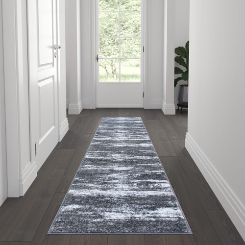 Marian Collection 2' x 7' Distressed Gray Olefin Area Rug with Jute Backing for Entryway, Living Room, Bedroom