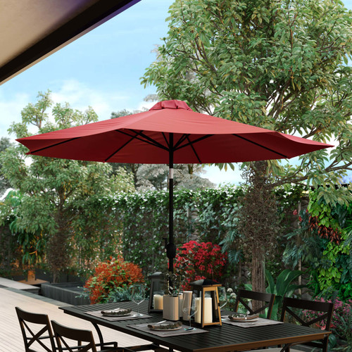 Red 9 FT Round Umbrella with 1.5" Diameter Aluminum Pole with Crank and Tilt Function - Lifestyle Image