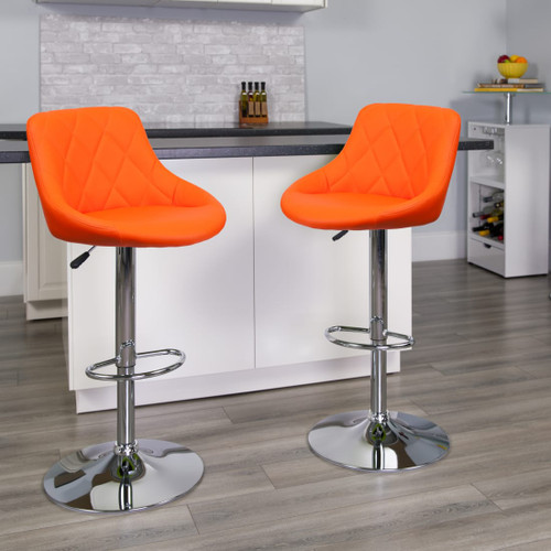 2 Pk. Contemporary Orange Vinyl Bucket Seat Adjustable Height Barstool with Diamond Pattern Back and Chrome Base - 2CH82028AORGGG