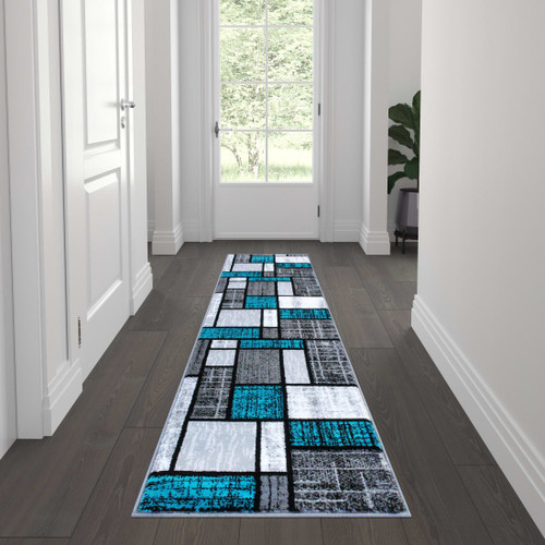 Raven Collection 2' x 7' Turquoise Color Bricked Olefin Area Rug with Jute Backing for Entryway, Living Room, Bedroom