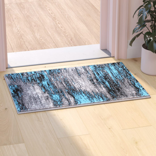 Rylan Collection 2' x 3' Blue Abstract Scraped Area Rug - Olefin Rug with Jute Backing - Living Room, Bedroom, & Entryway