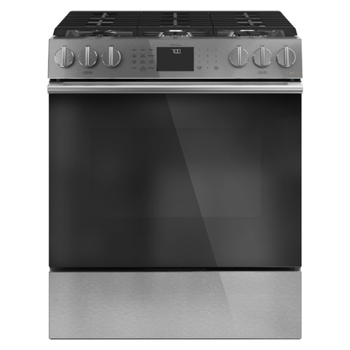 Café™ 30" Smart Slide-In, Front-Control, Gas Range with Convection Oven in Platinum Glass - Silo Front View