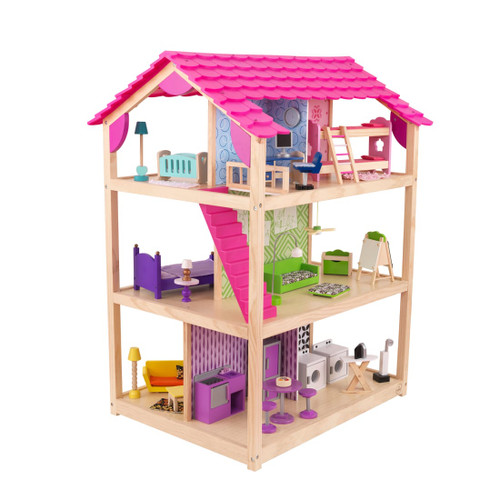 KidKraft So Chic Wood Dollhouse, Almost 4' Tall with Wheels & 46 Pieces, Assembly Required - Front View