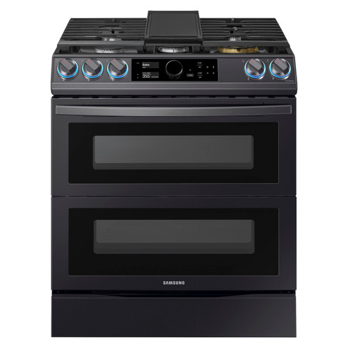 Samsung 6.0 cu. ft. Flex Duo Front Control Slide-in Dual Fuel Range with Smart Dial & Air Fry - Black Stainless Steel Front view Silo Image