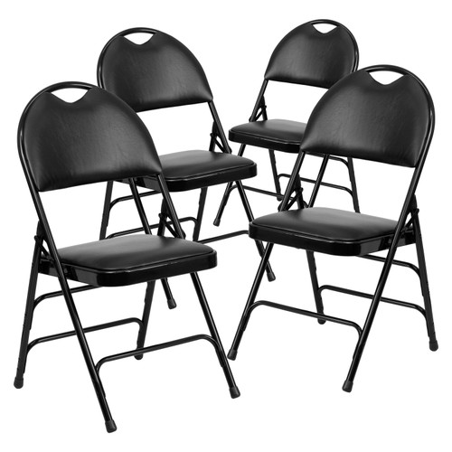 4 Pack HERCULES Series Ultra-Premium Triple Braced Black Vinyl Metal Folding Chair with Easy-Carry Handle