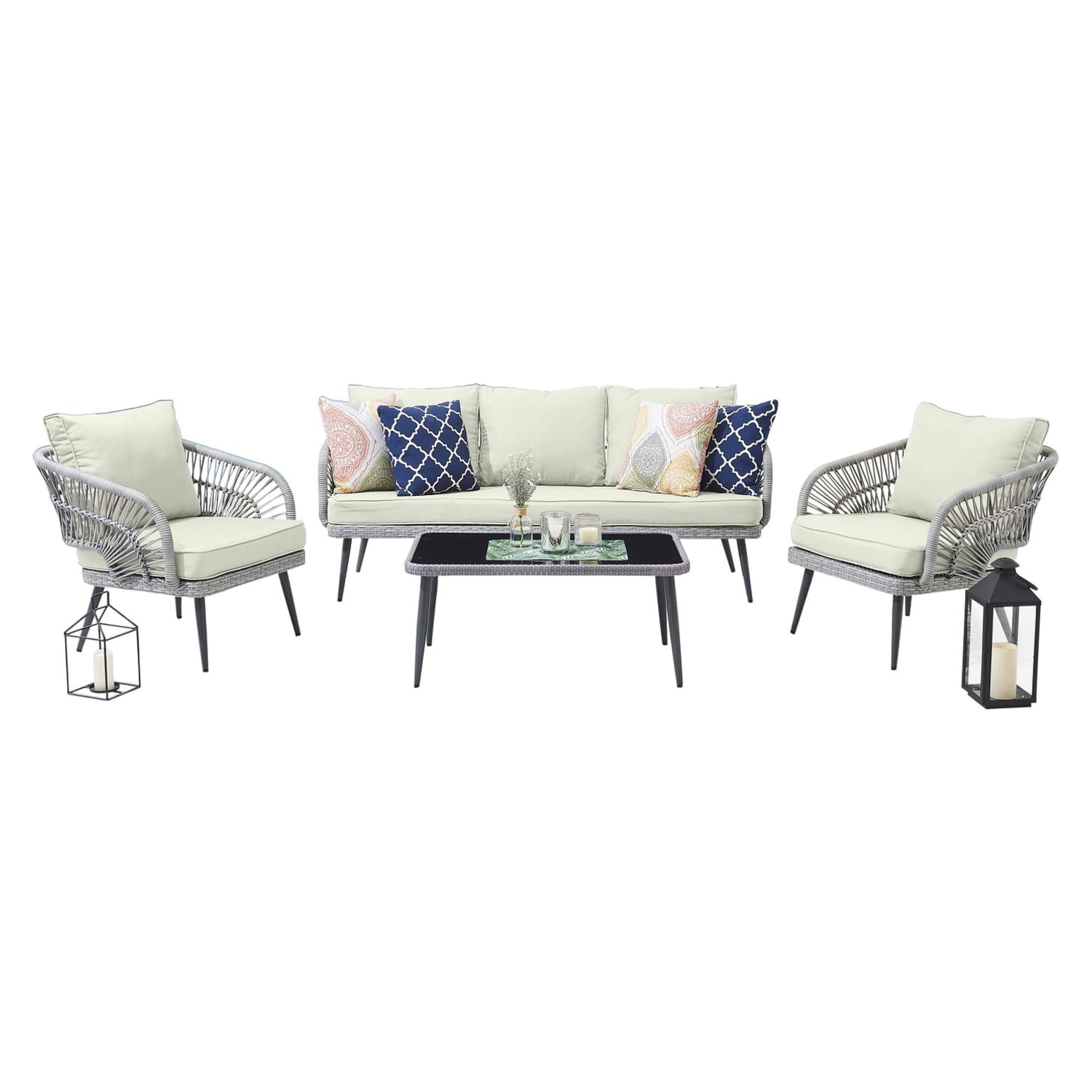 Riviera Rope Wicker 4-Piece 5 Seater Patio Conversation Set with Cushions in Gray and Cream